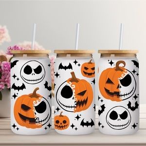 16oz nightmare before Christmas Punkin head Jack glass can w/ bamboo lid
